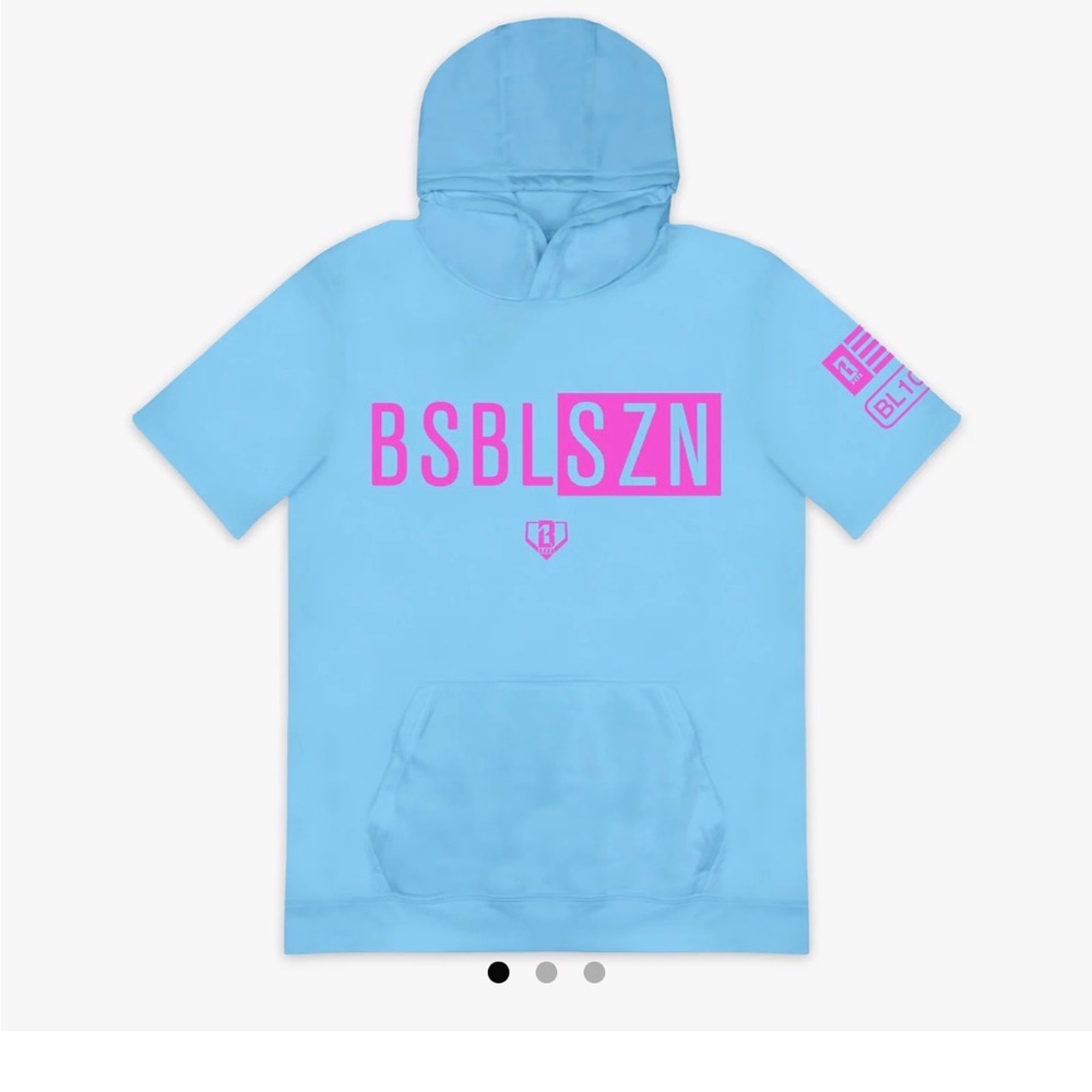 BSBLSZN Kids Short-Sleeve Hoodie in Sky Blue with Pink Logo